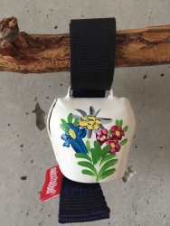 swisstrailbell weiss handbemalt mit Alpenblumen, Band marine
