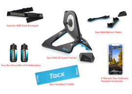 Tacx NEO 2T Smart-Trainer inkl. NEO Motion Plates, Garmin HRM Dual Brustgurt, 2x Trinkflaschen, Handtuch, 6Mt. Tacx Premium Abo