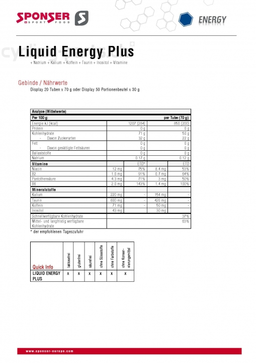 Sponser Liquid Energy Plus Neutral Tube 70g