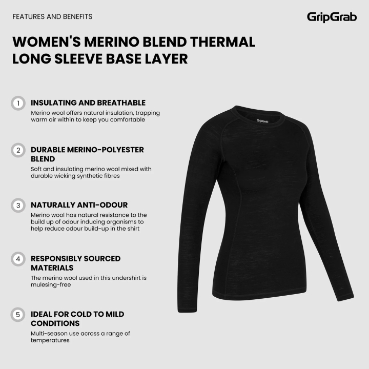 GripGrab Women's Merino Blend Thermal Long Sleeve Base Layer black