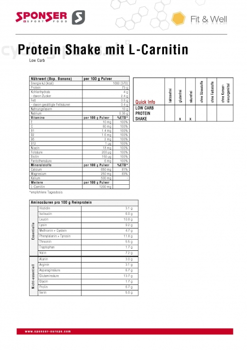 Sponser Low Carb Protein Shake Dose 550g